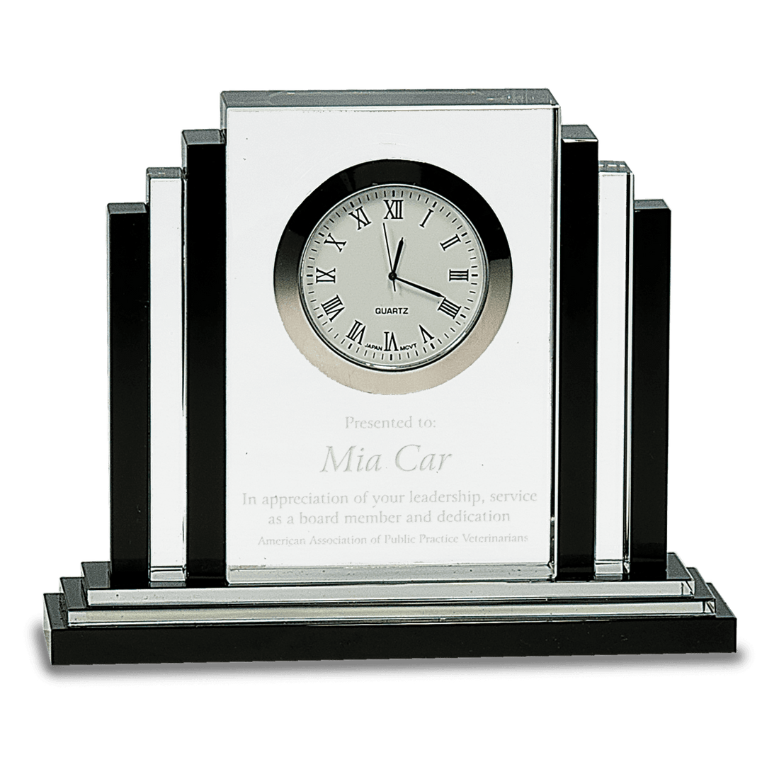 Crystal award containing a clock in the middle