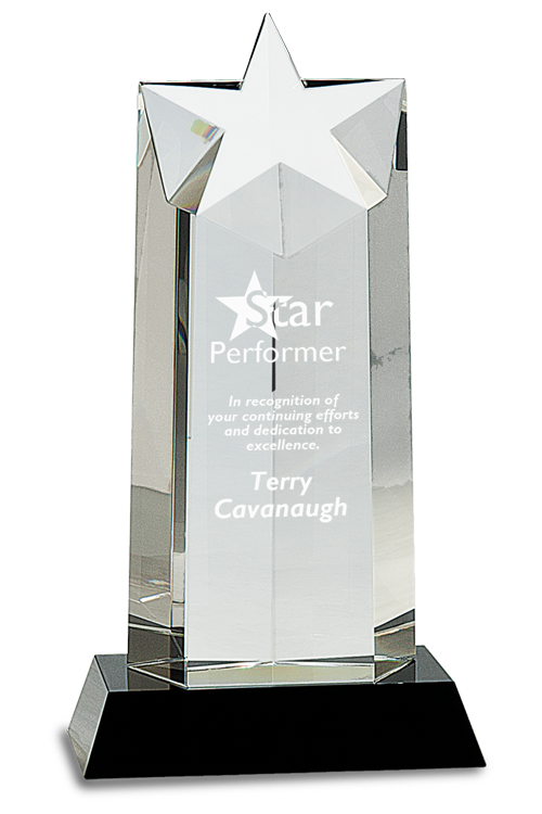 10” Tall Premier Optic Crystal Star Award Mounted on Black Crystal Base with Your Customized Etching